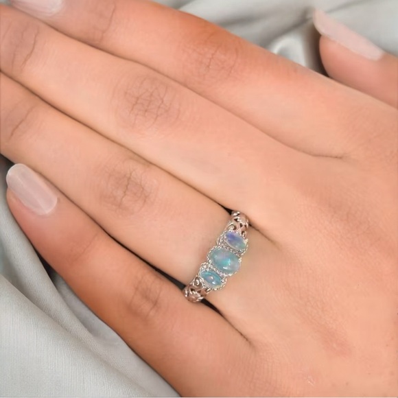 Ethiopian Welo Opal .75ctw 3-stone, Trilogy Sterling Silver/Platinum Plated Ring - Picture 8 of 9